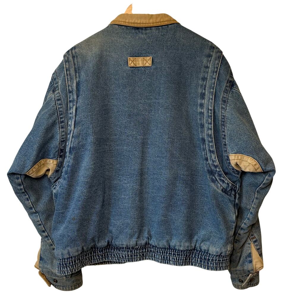 VTG 90s Denim Bomber Jacket 100% Cotton Heavyweight Utility Y2K Jean Unisex XL - Picture 2 of 12